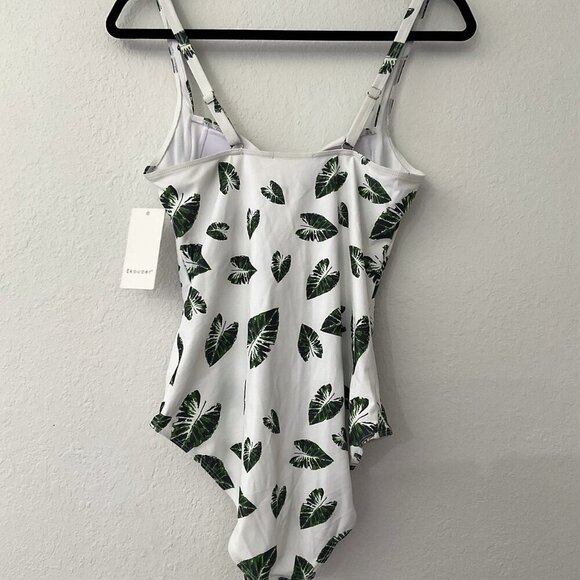 TROPICAL PALM LEAF MONOKINI RUCHED TUMMY ONE PIECE SWIMSUIT - Picture 6 of 12